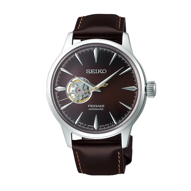 Seiko Presage Cocktail Time SSA407J1 Rusty Nail men's automatic watch with brown open-heart dial, stainless steel case and brown leather strap